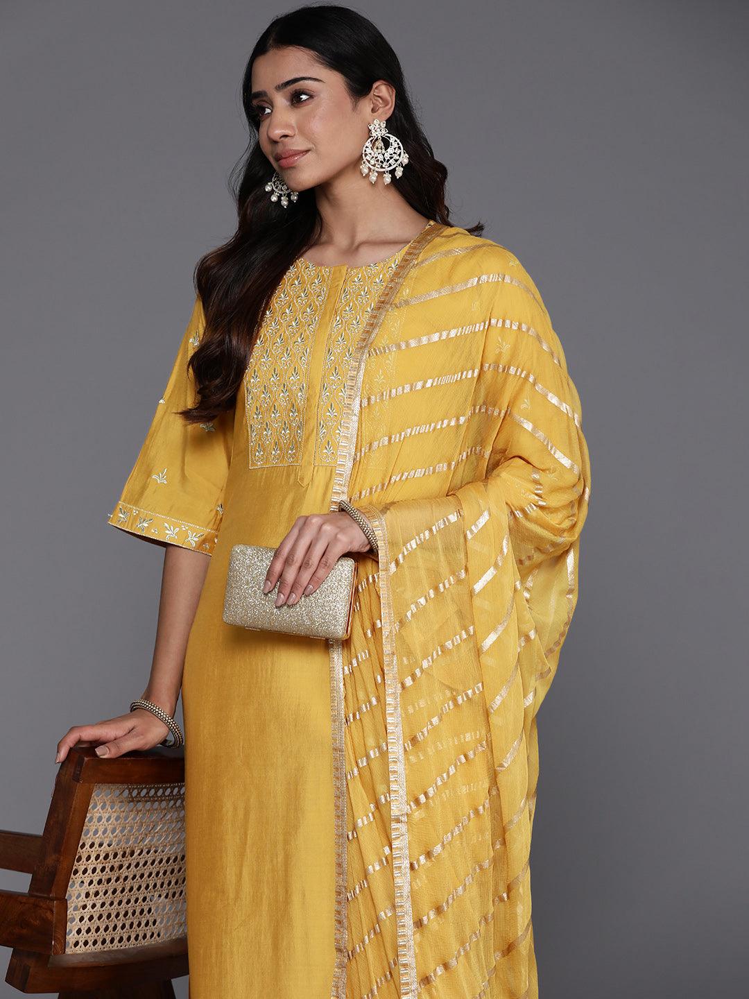 Mustard Solid Silk Blend Straight Kurta With Trousers & Dupatta - ShopLibas