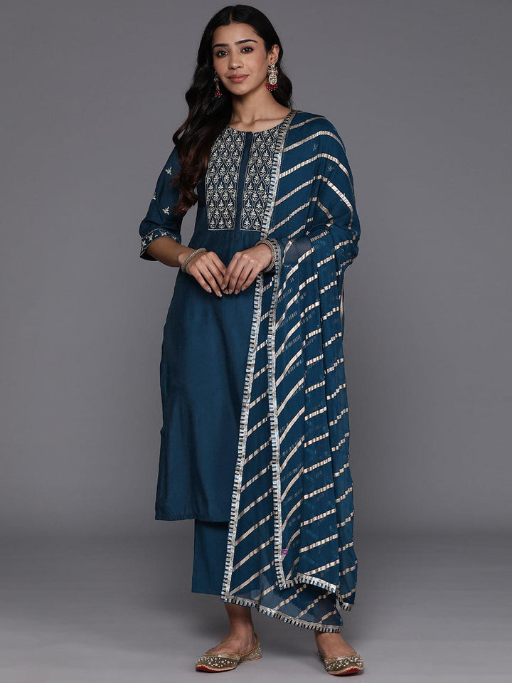 Blue Solid Silk Blend Straight Kurta With Trousers & Dupatta - ShopLibas