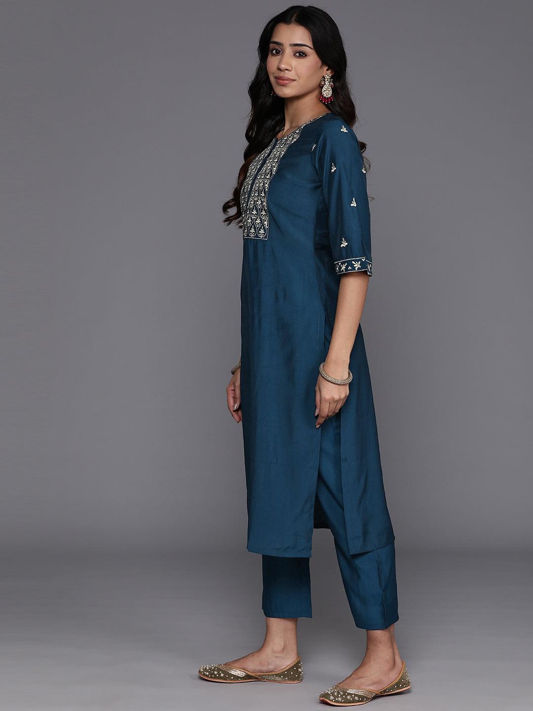 Blue Solid Silk Blend Straight Kurta With Trousers & Dupatta - ShopLibas