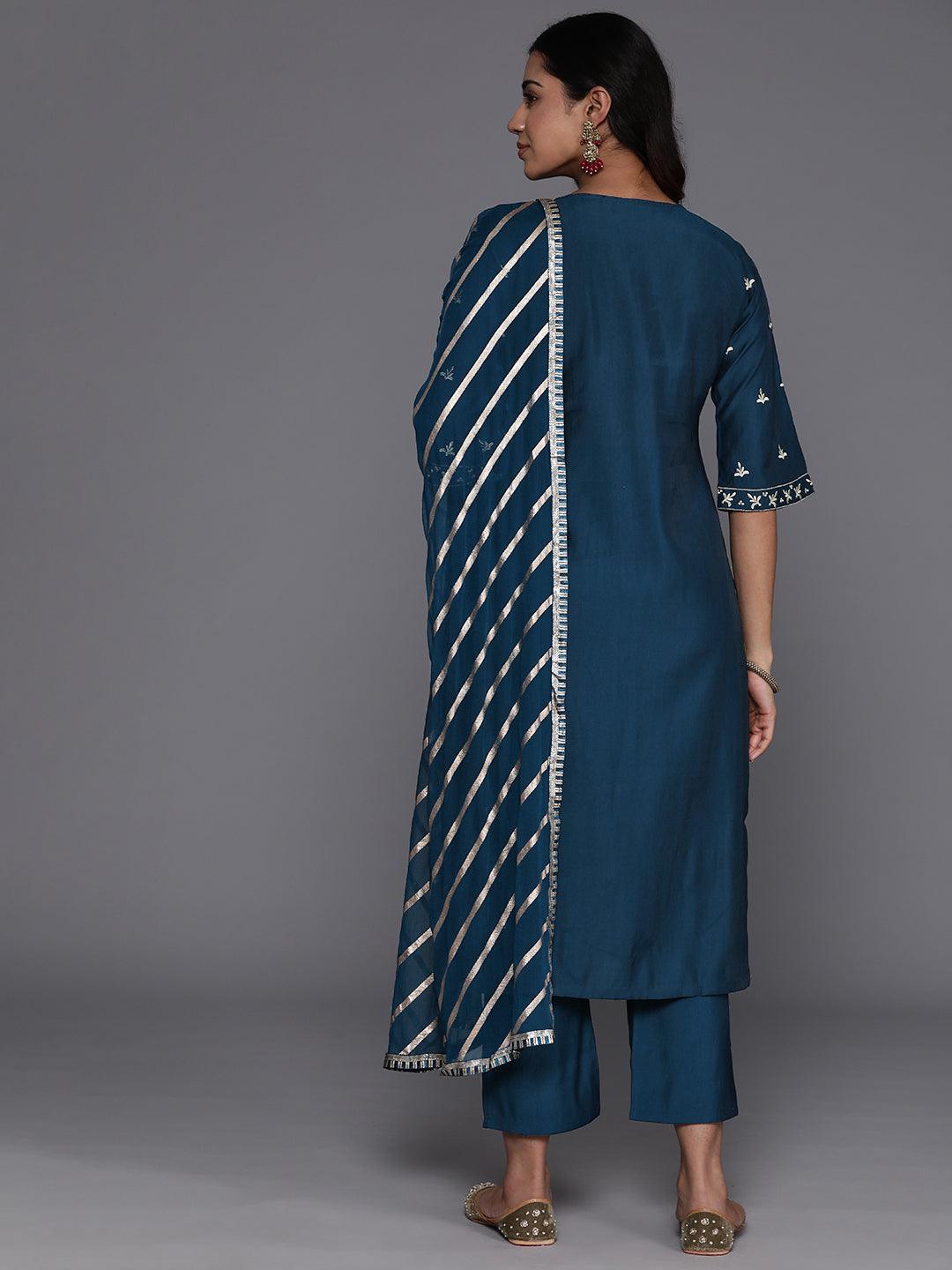 Blue Solid Silk Blend Straight Suit With Dupatta