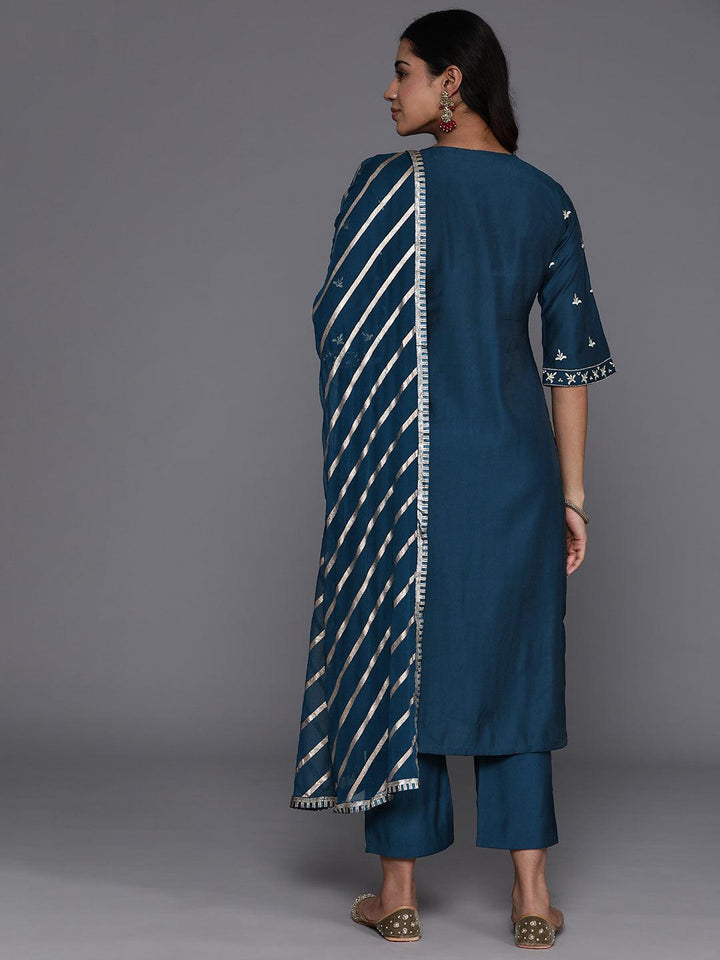 Blue Solid Silk Blend Straight Kurta With Trousers & Dupatta - ShopLibas