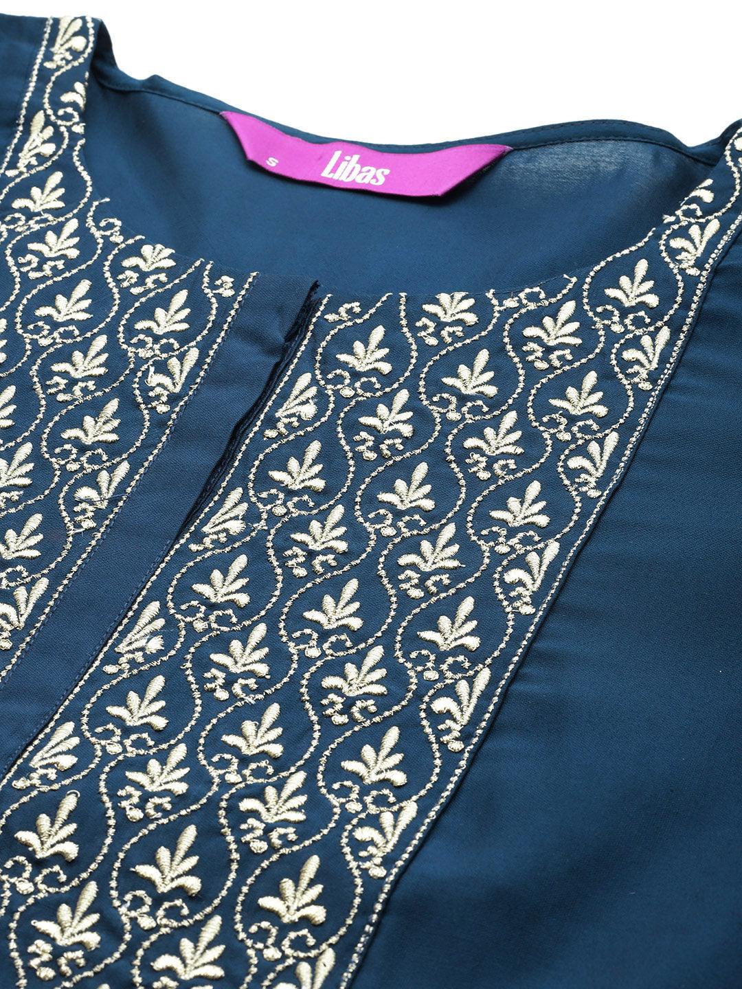 Blue Solid Silk Blend Straight Suit With Dupatta