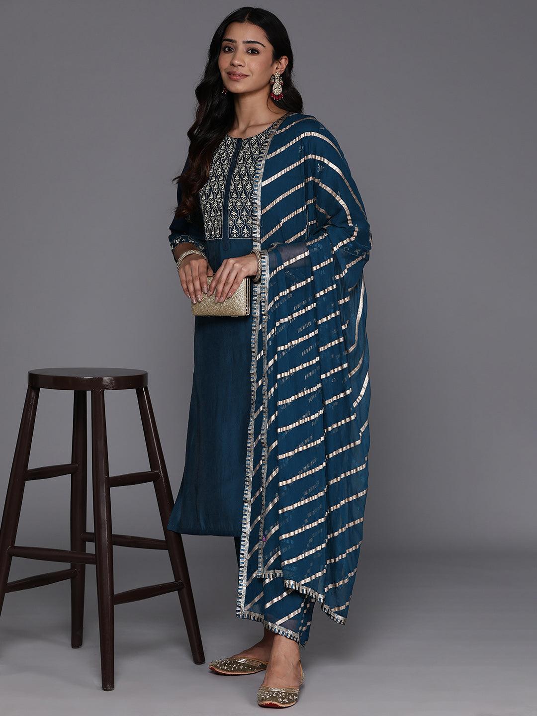 Blue Solid Silk Blend Straight Suit With Dupatta