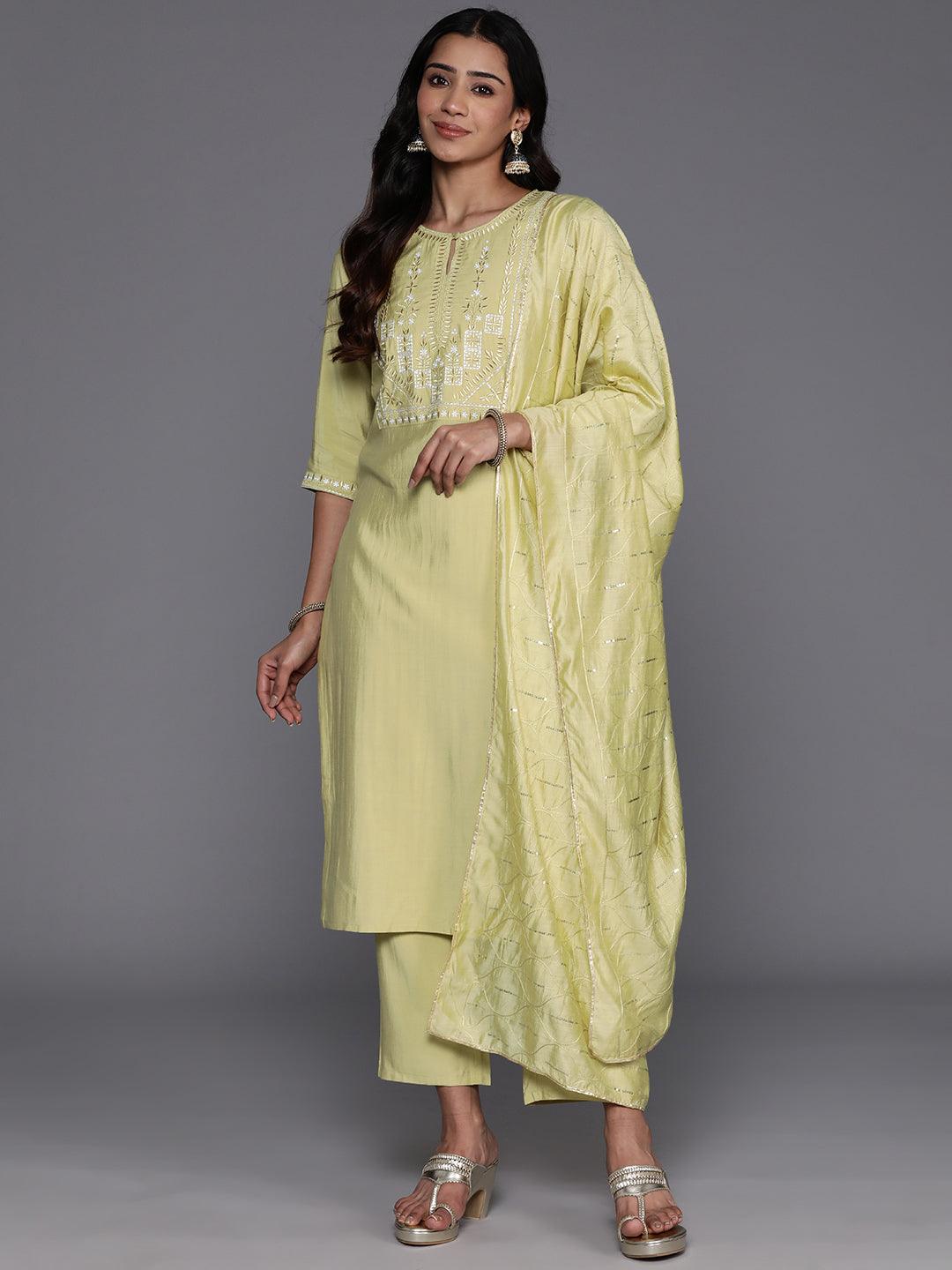 Green Yoke Design Silk Blend Straight Kurta With Trousers & Dupatta - ShopLibas