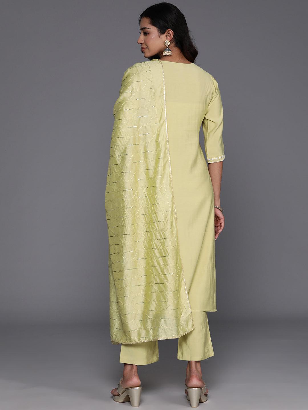 Green Yoke Design Silk Blend Straight Kurta With Trousers & Dupatta - ShopLibas