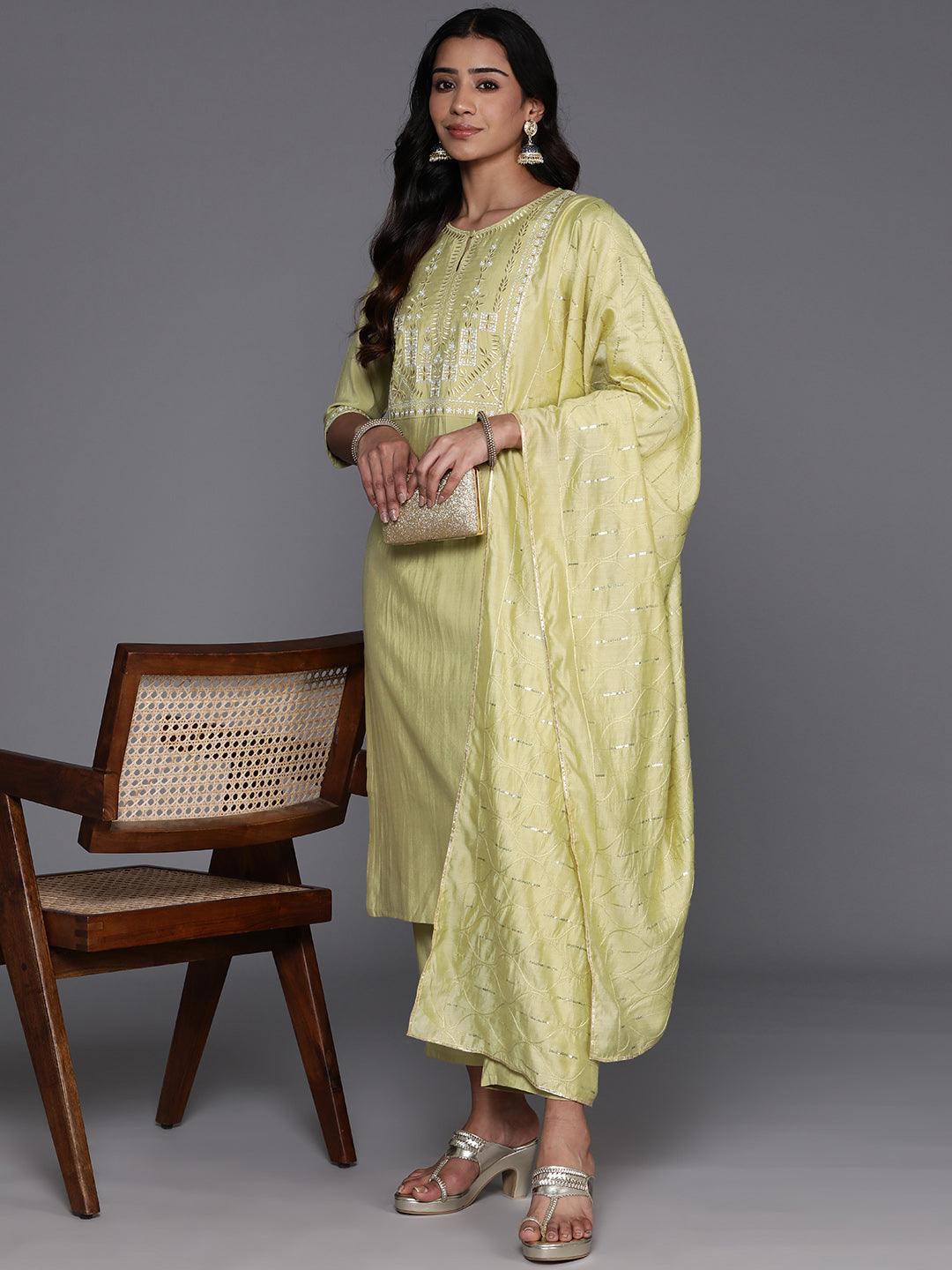 Green Yoke Design Silk Blend Straight Kurta With Trousers & Dupatta - ShopLibas