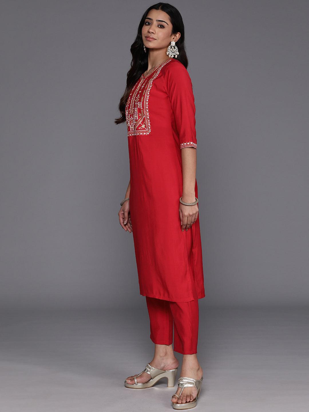 Red Yoke Design Silk Blend Straight Suit With Dupatta