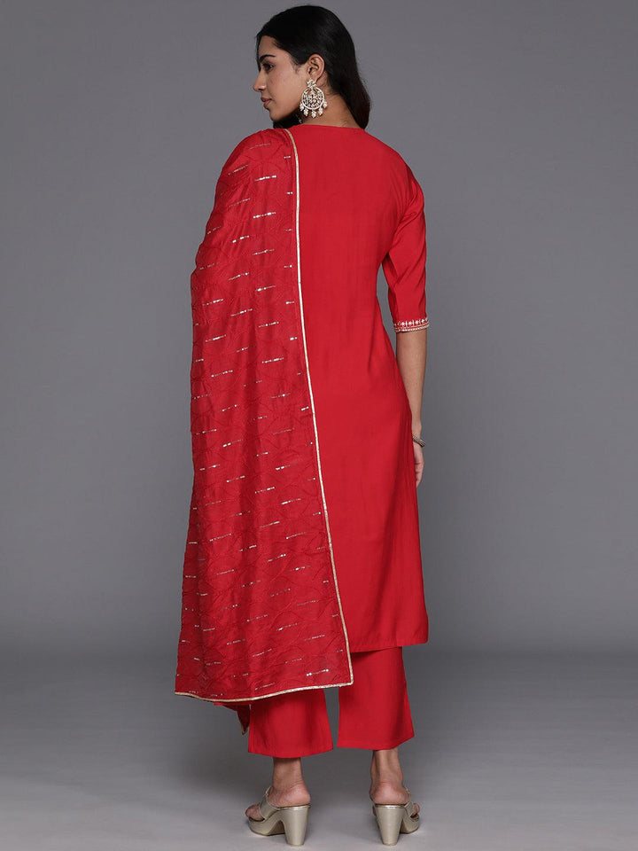 Red Yoke Design Silk Blend Straight Kurta With Trousers & Dupatta - ShopLibas