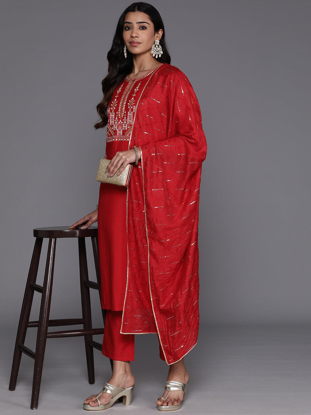 Red Yoke Design Silk Blend Straight Suit With Dupatta