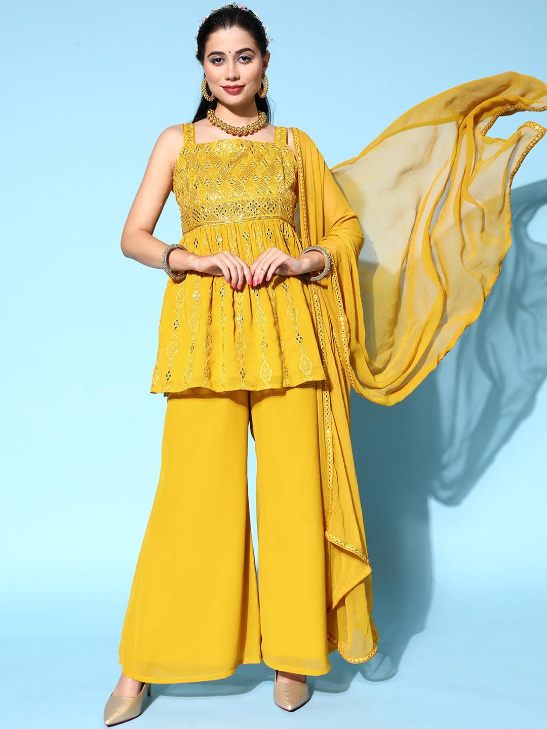 Mustard Embroidered Georgette Anarkali Kurta Set