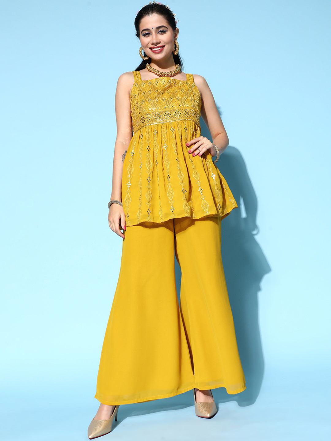 Mustard Embroidered Georgette Anarkali Kurta Set