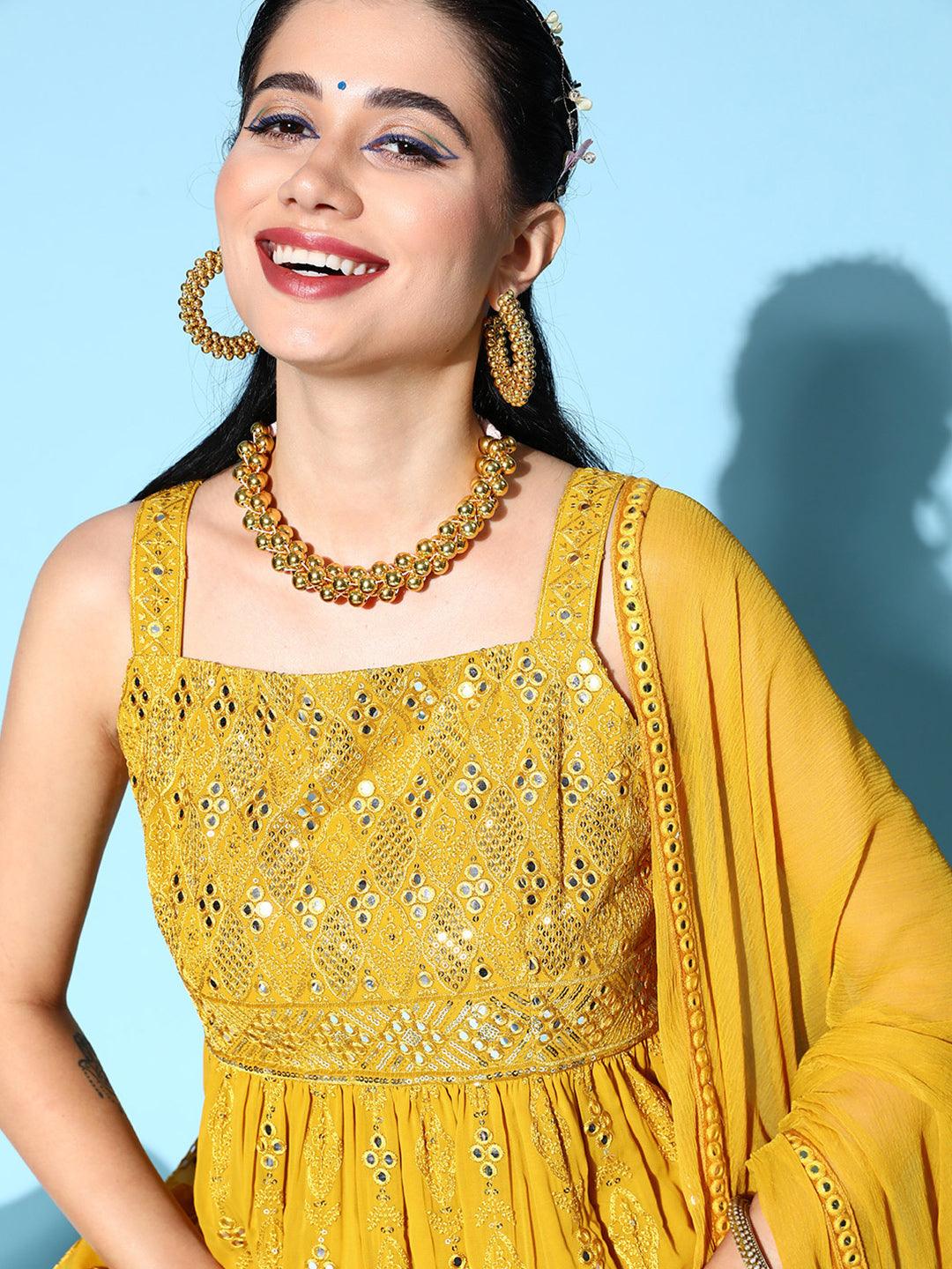 Mustard Embroidered Georgette Anarkali Kurta Set