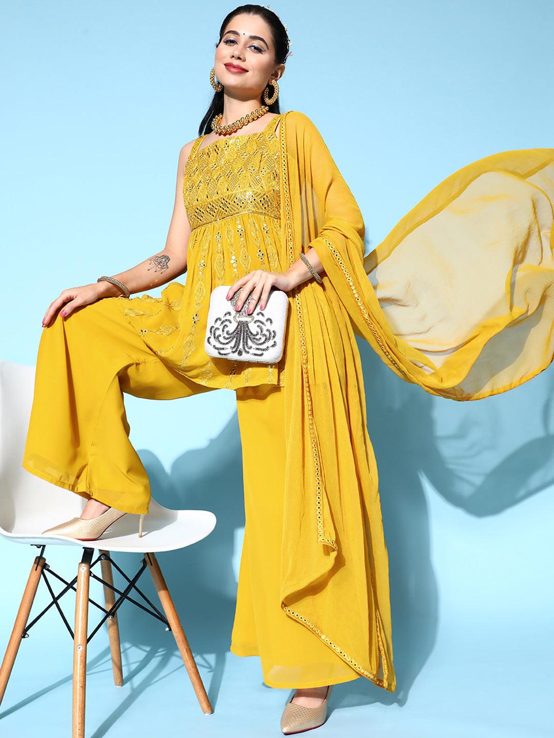 Mustard Embroidered Georgette Anarkali Kurta Set