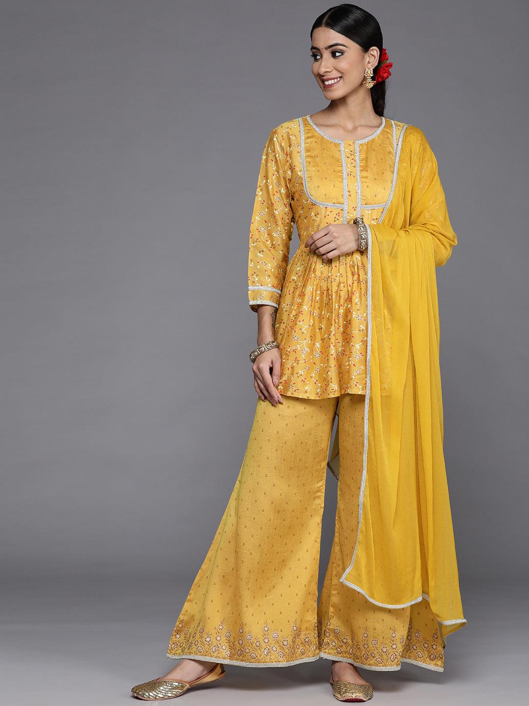 Mustard Printed Silk Blend Anarkali Suit Set With Palazzos