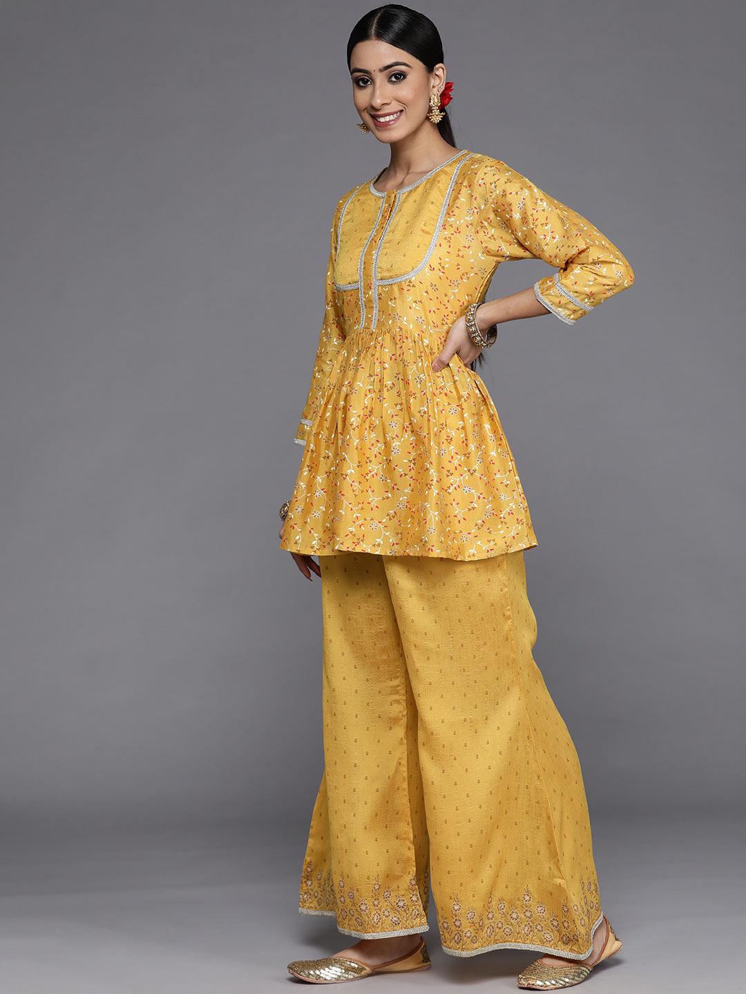 Mustard Printed Silk Blend Anarkali Suit Set With Palazzos