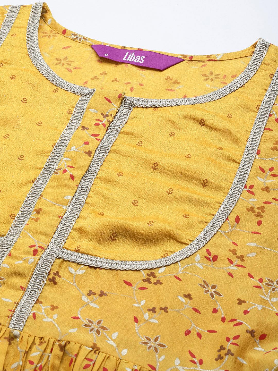 Mustard Printed Silk Blend Anarkali Suit Set With Palazzos