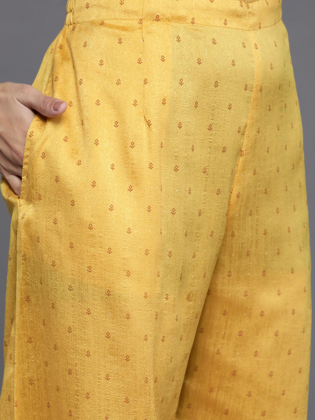 Mustard Printed Silk Blend Anarkali Suit Set With Palazzos