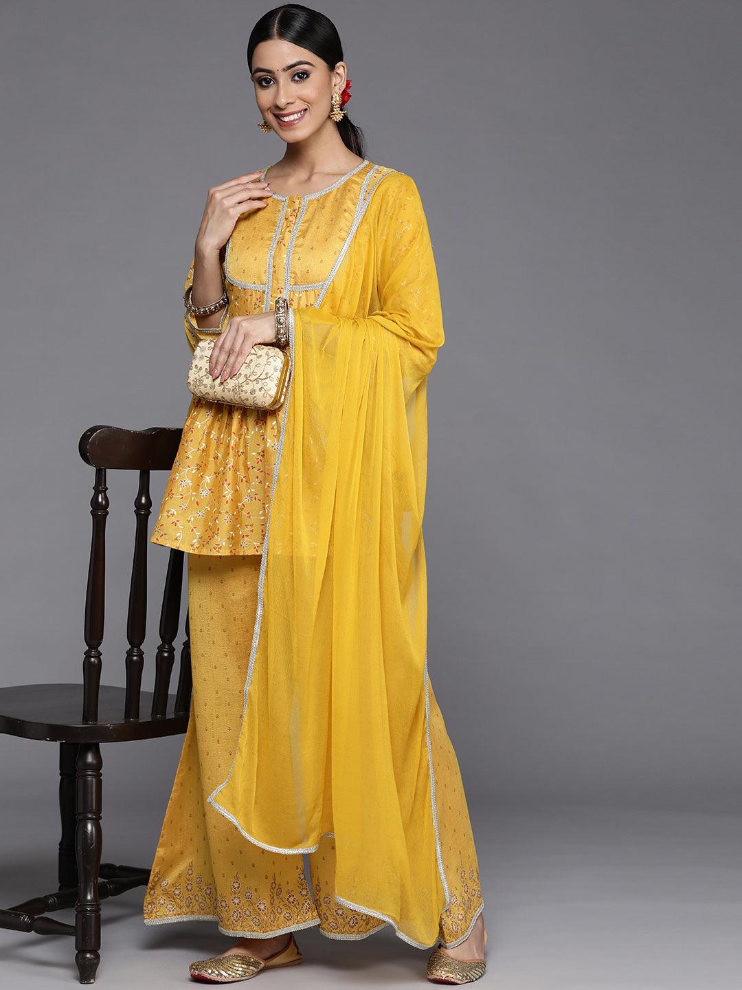 Mustard Printed Silk Blend Anarkali Suit Set With Palazzos