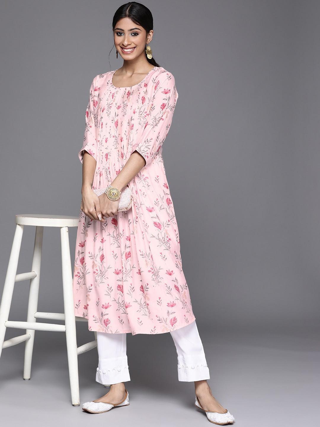 Pink Printed Chanderi Silk Kurta - ShopLibas