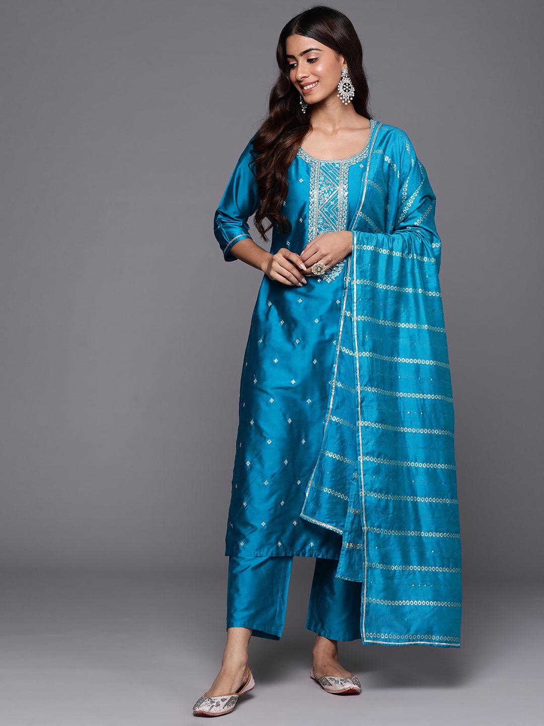 Blue Woven Design Silk Blend Straight Suit With Dupatta