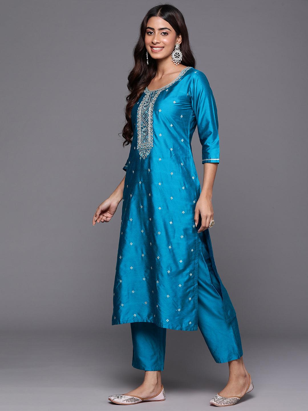 Blue Woven Design Silk Blend Straight Suit With Dupatta