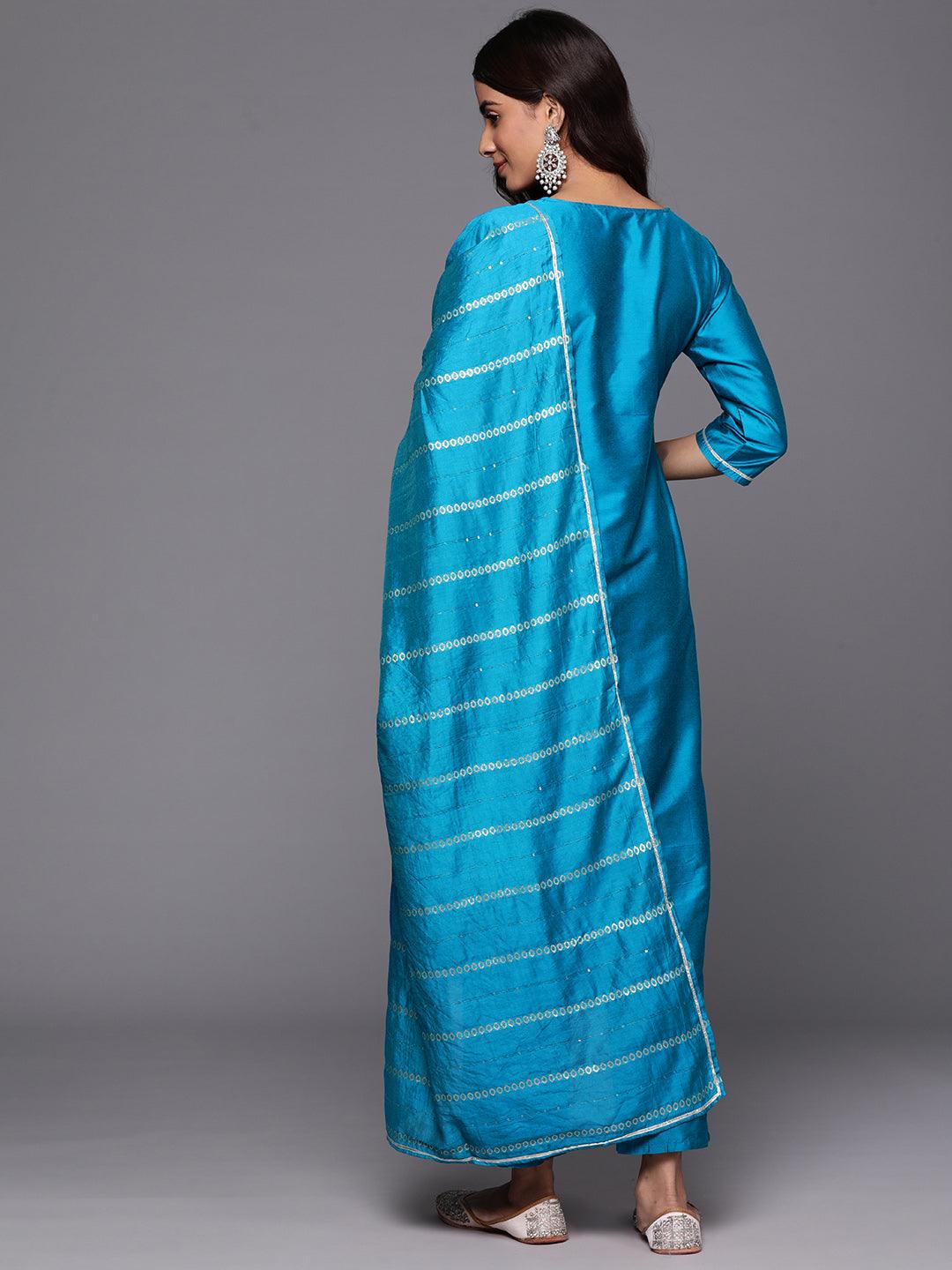 Blue Woven Design Silk Blend Straight Suit With Dupatta