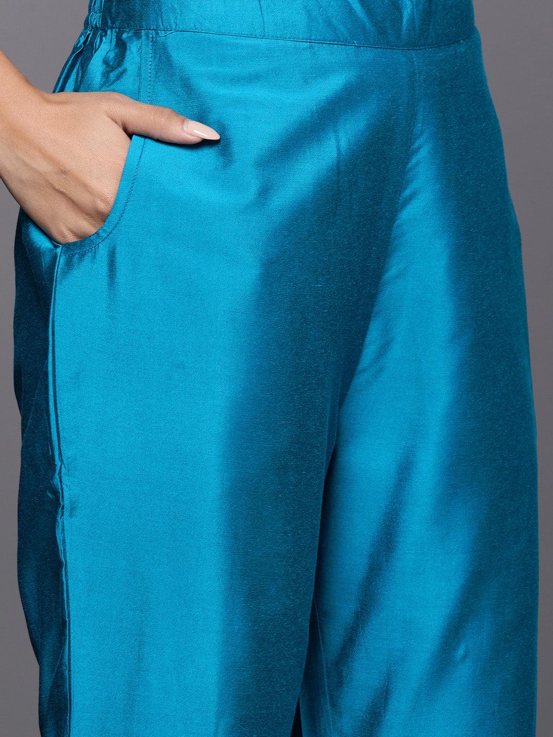 Blue Woven Design Silk Blend Straight Suit With Dupatta