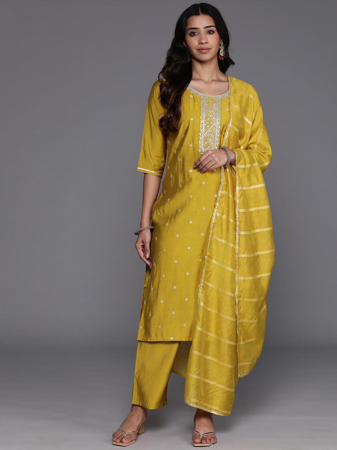 Yellow Yoke Design Silk Blend Straight Suit With Dupatta