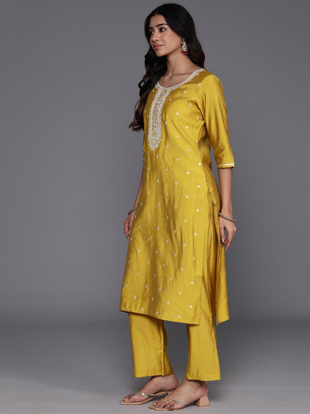 Yellow Yoke Design Silk Blend Straight Suit With Dupatta