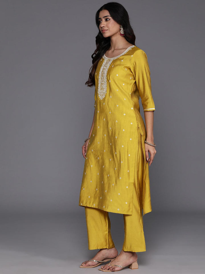 Yellow Yoke Design Silk Blend Straight Kurta With Trousers & Dupatta - ShopLibas