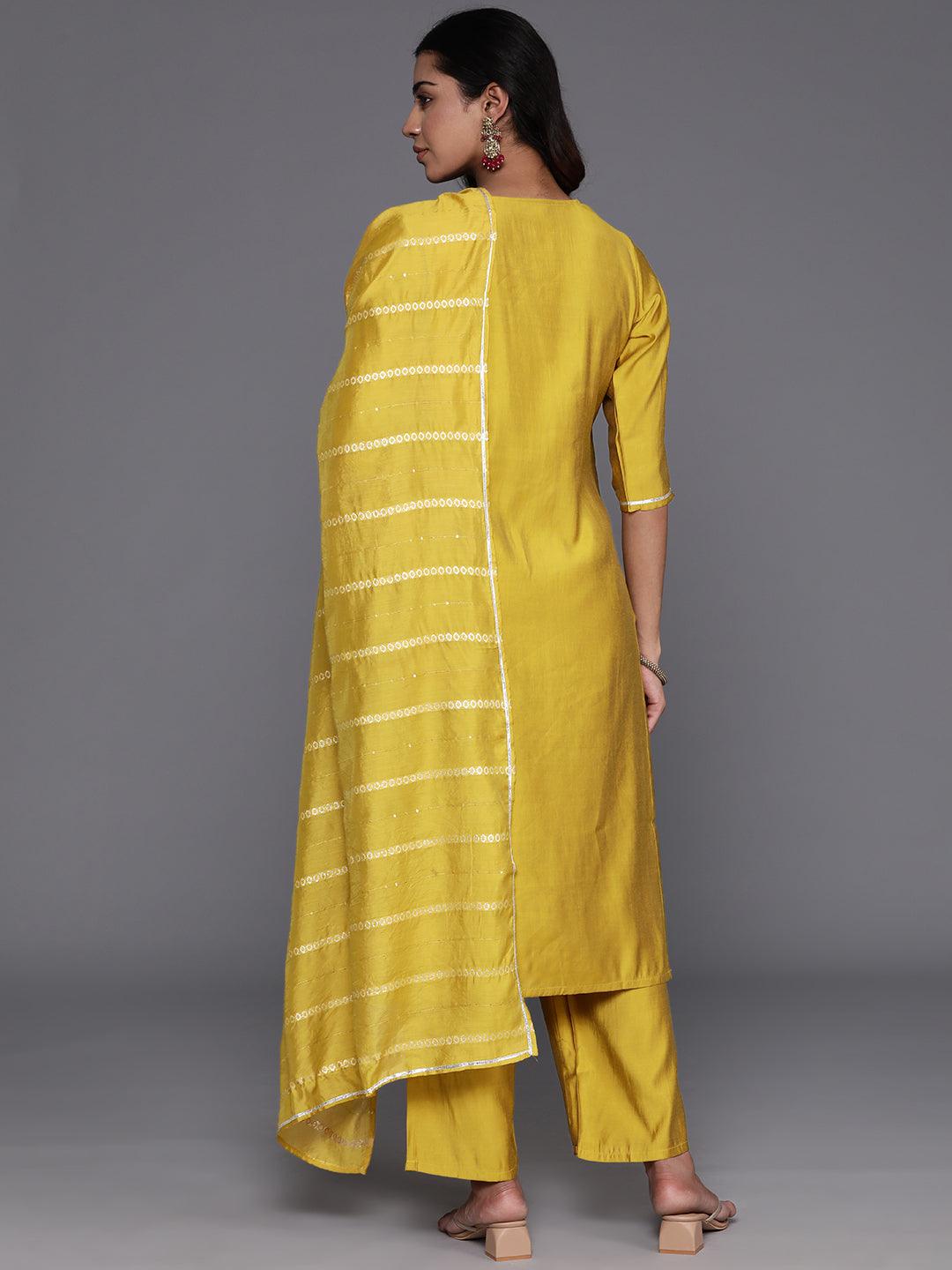 Yellow Yoke Design Silk Blend Straight Suit With Dupatta