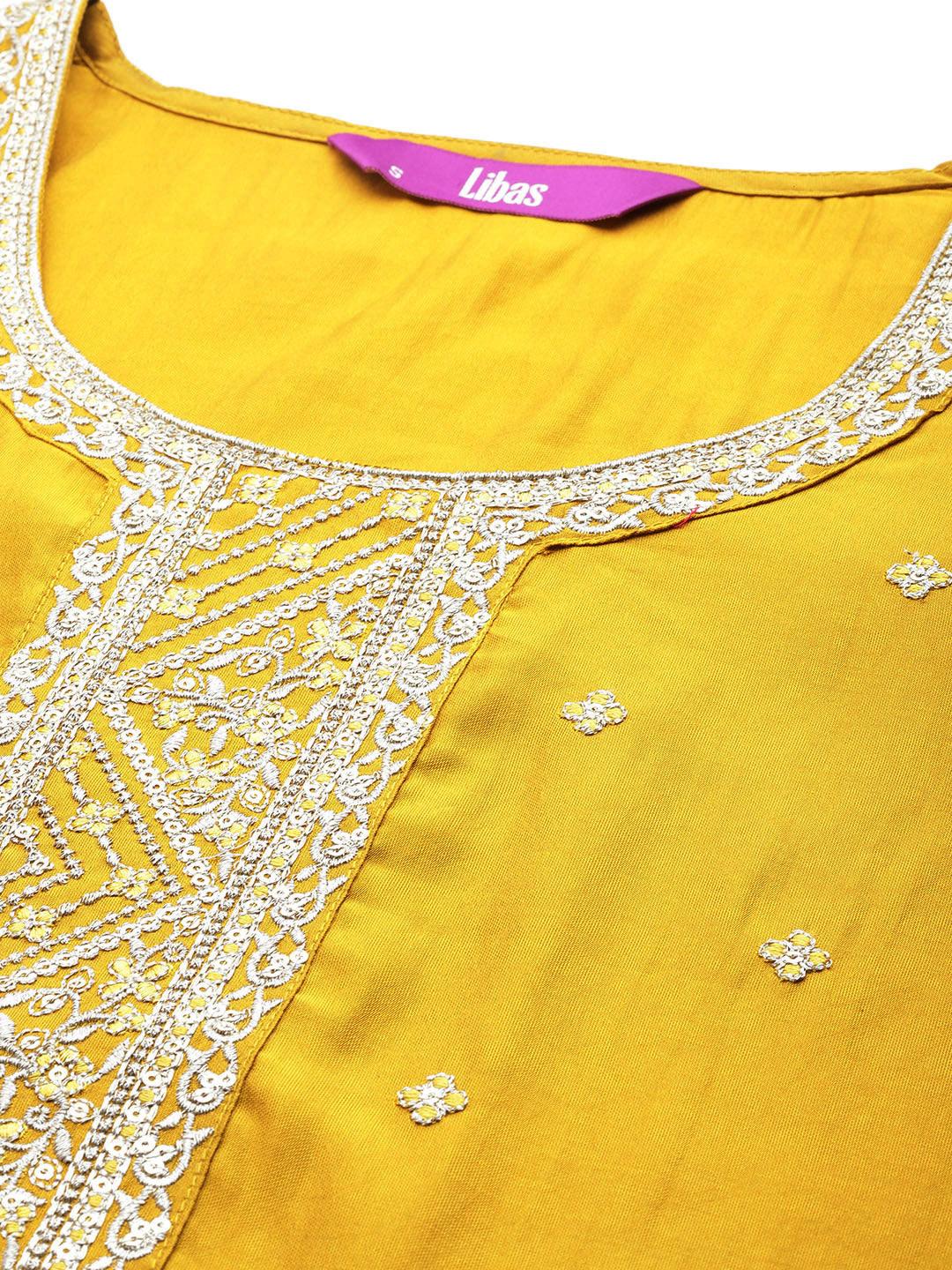 Yellow Yoke Design Silk Blend Straight Suit With Dupatta