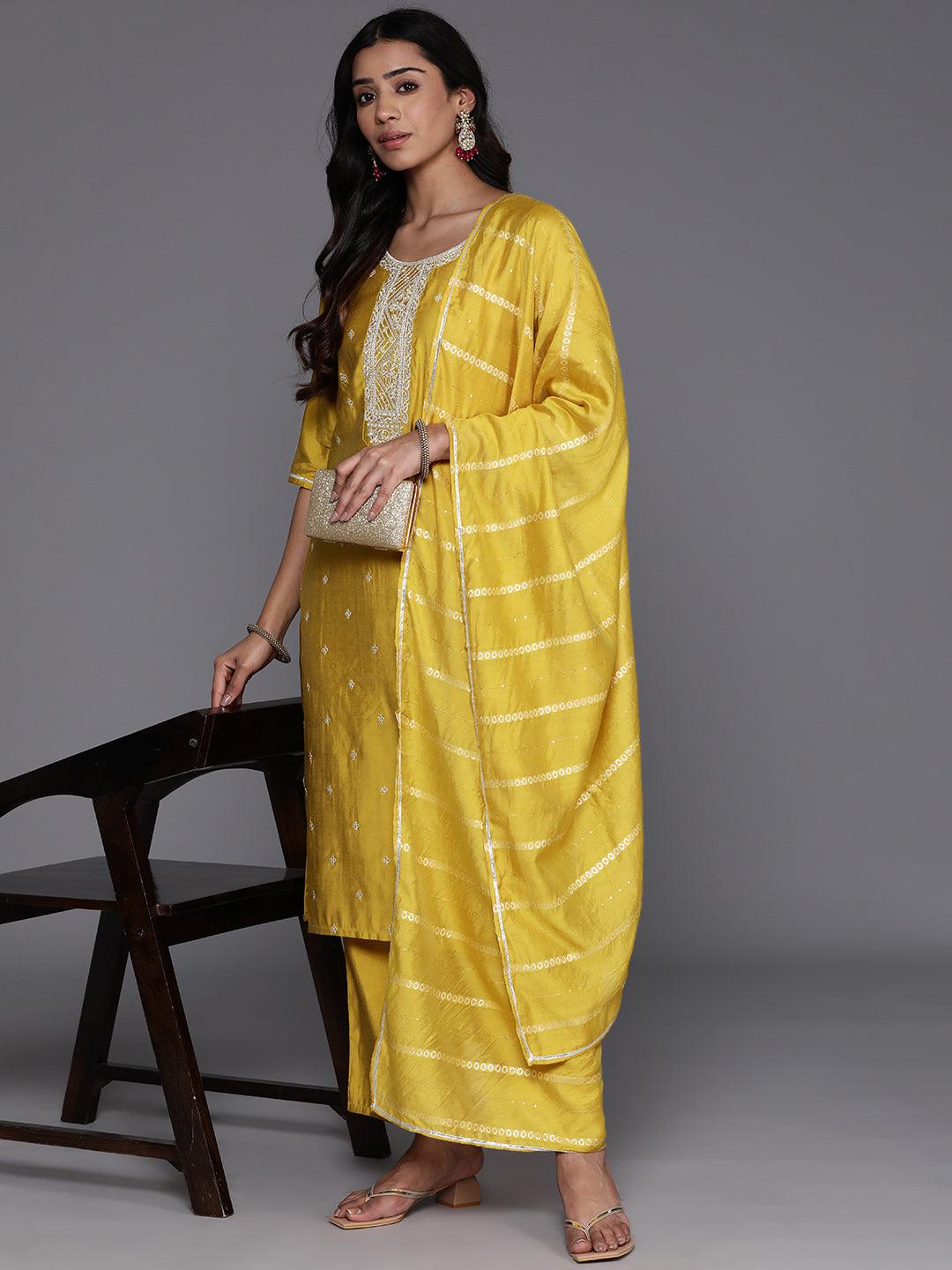 Yellow Yoke Design Silk Blend Straight Suit With Dupatta