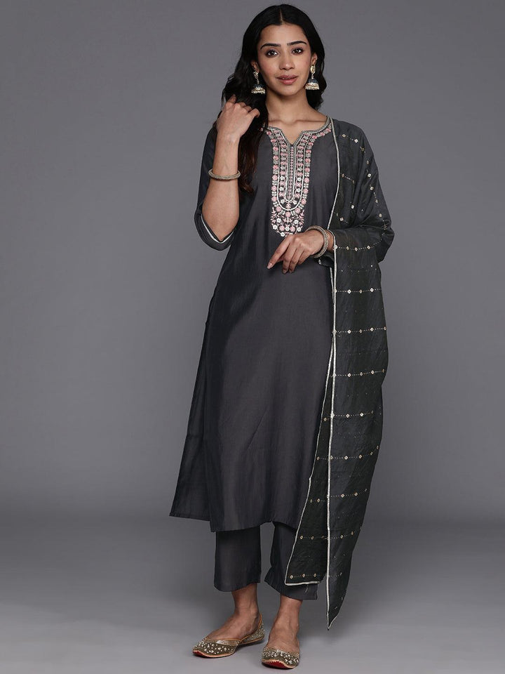 Grey Yoke Design Silk Blend Straight Kurta With Trousers & Dupatta - ShopLibas