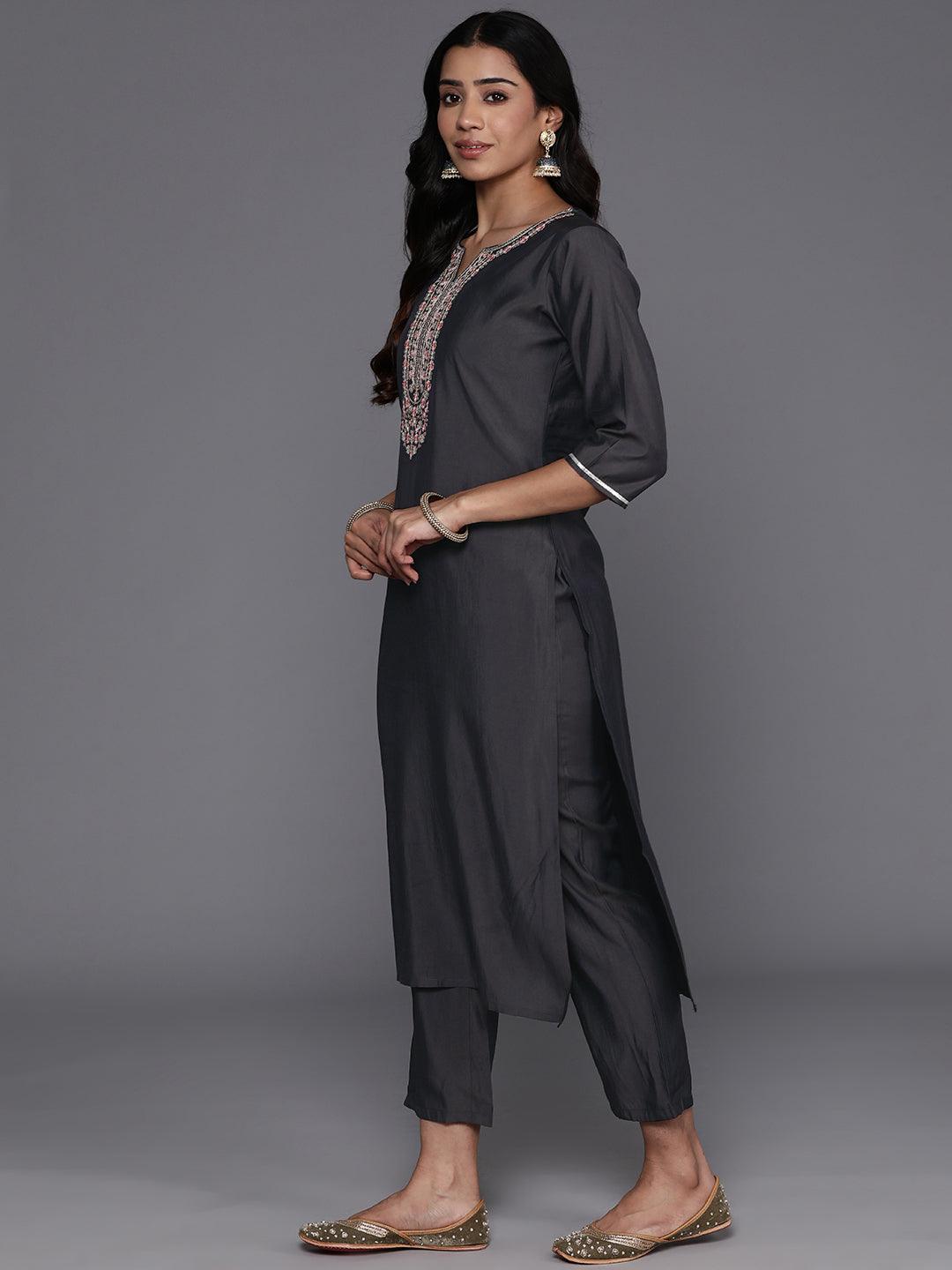 Grey Yoke Design Silk Blend Straight Kurta With Trousers & Dupatta - ShopLibas