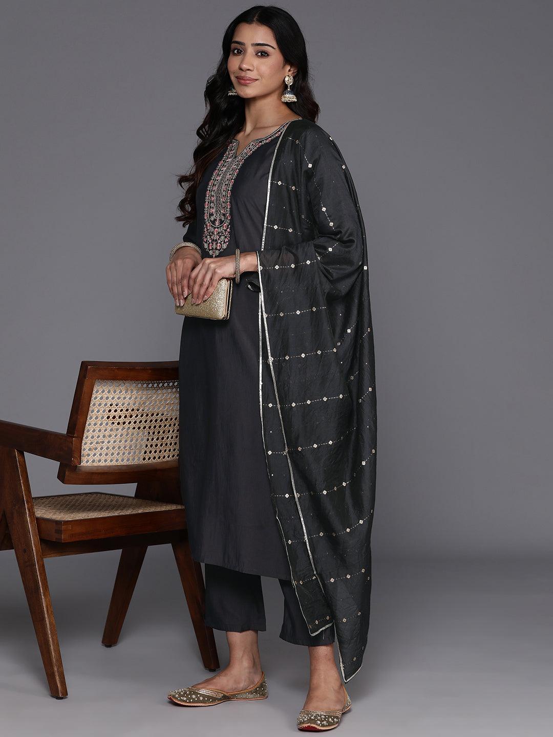 Grey Yoke Design Silk Blend Straight Kurta With Trousers & Dupatta - ShopLibas