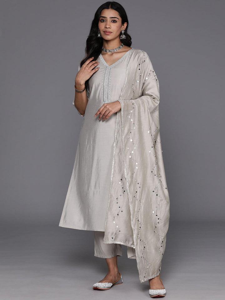 Grey Yoke Design Silk Blend Straight Kurta With Trousers & Dupatta - ShopLibas