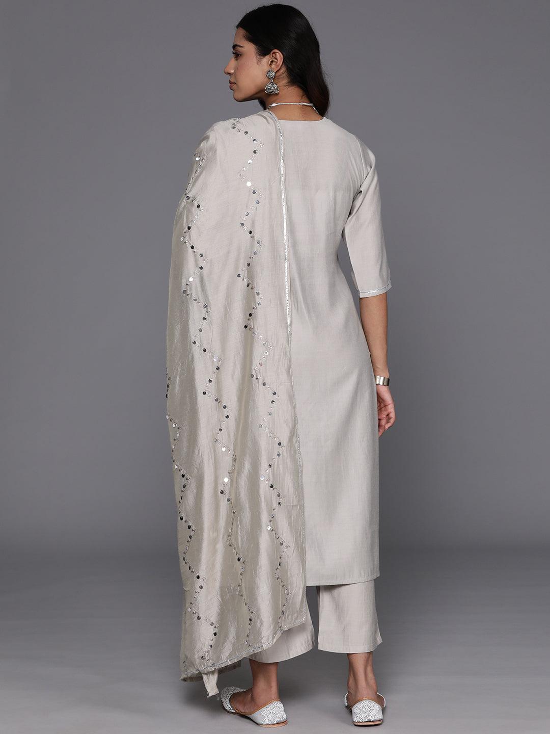 Grey Yoke Design Silk Blend Straight Kurta With Trousers & Dupatta - ShopLibas