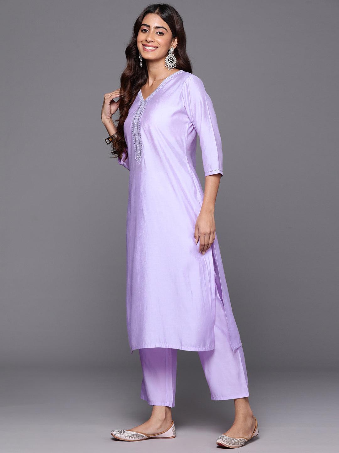 Lavender Yoke Design Silk Blend Straight Suit With Dupatta