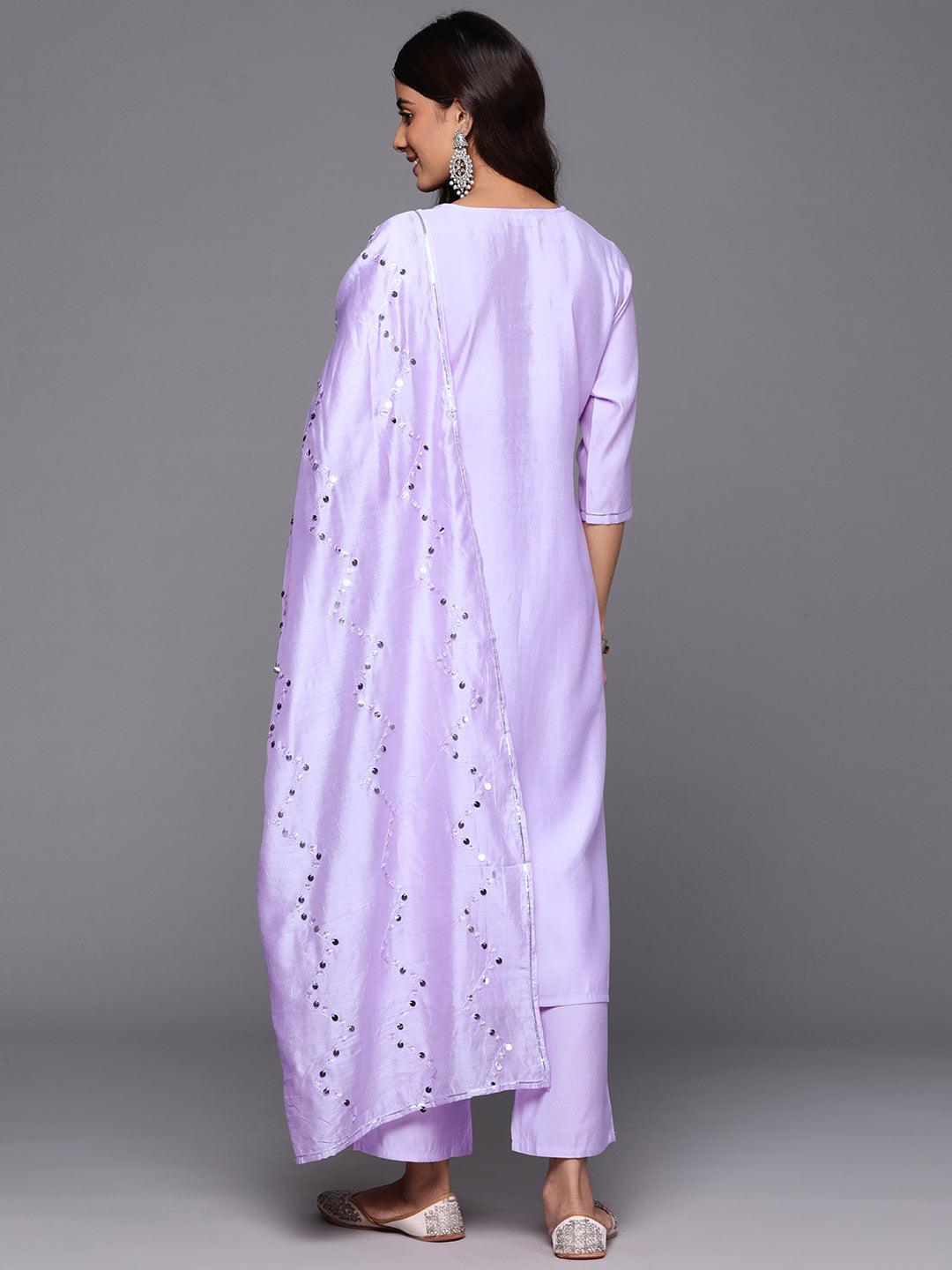 Lavender Yoke Design Silk Blend Straight Suit With Dupatta