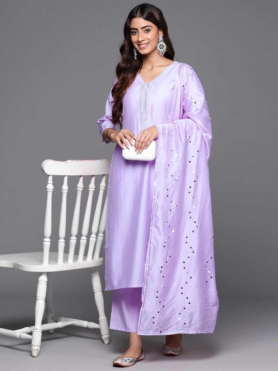 Lavender Yoke Design Silk Blend Straight Suit With Dupatta