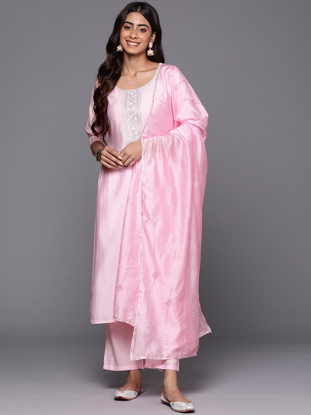 Pink Yoke Design Silk Blend Straight Kurta With Trousers & Dupatta - ShopLibas