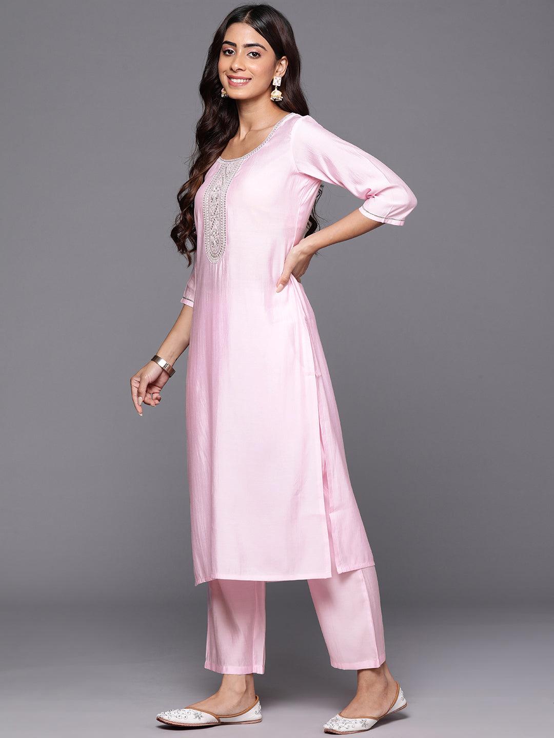 Pink Yoke Design Silk Blend Straight Kurta With Trousers & Dupatta - ShopLibas