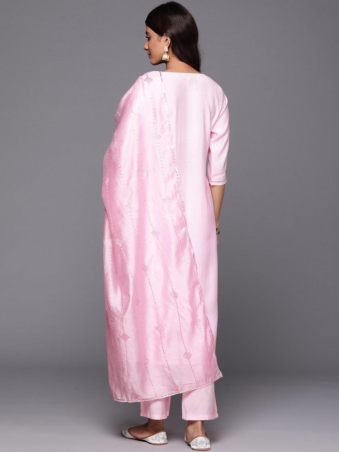 Pink Yoke Design Silk Blend Straight Kurta With Trousers & Dupatta - ShopLibas