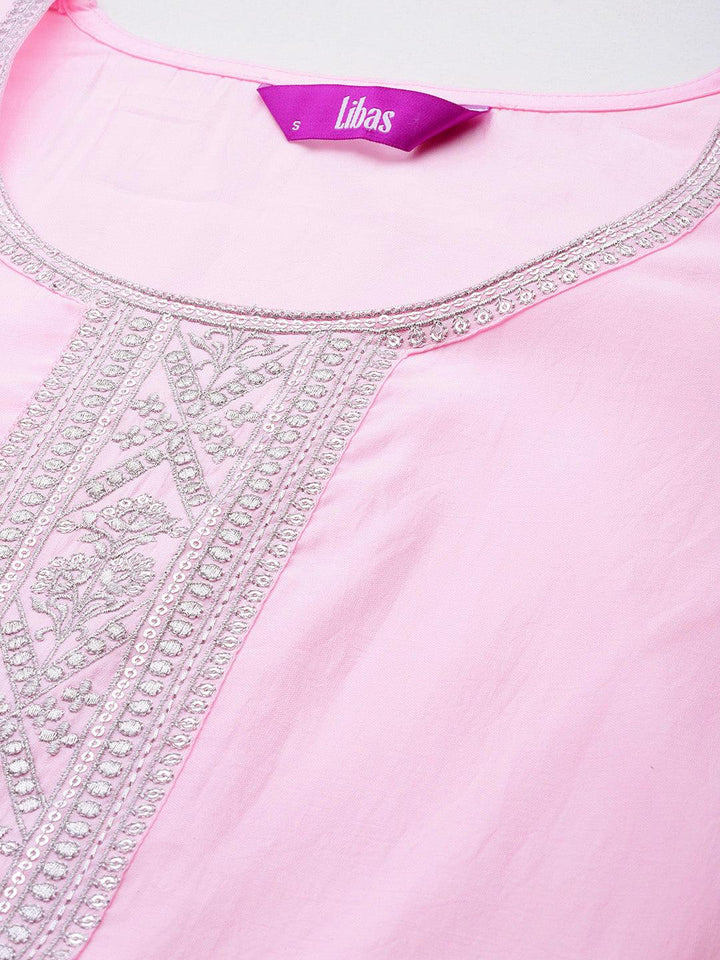 Pink Yoke Design Silk Blend Straight Kurta With Trousers & Dupatta - ShopLibas