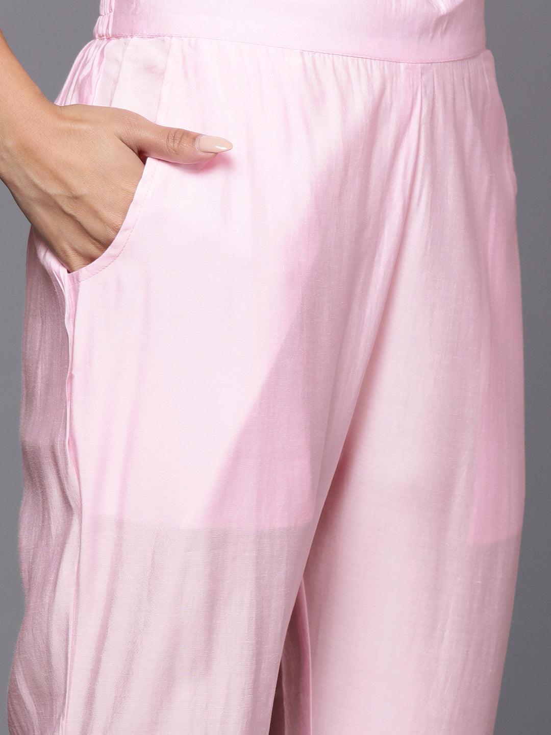 Pink Yoke Design Silk Blend Straight Kurta With Trousers & Dupatta - ShopLibas