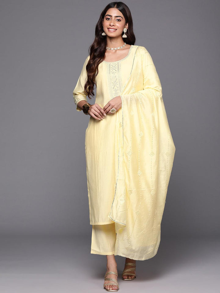 Yellow Yoke Design Silk Blend Straight Kurta With Trousers & Dupatta - ShopLibas