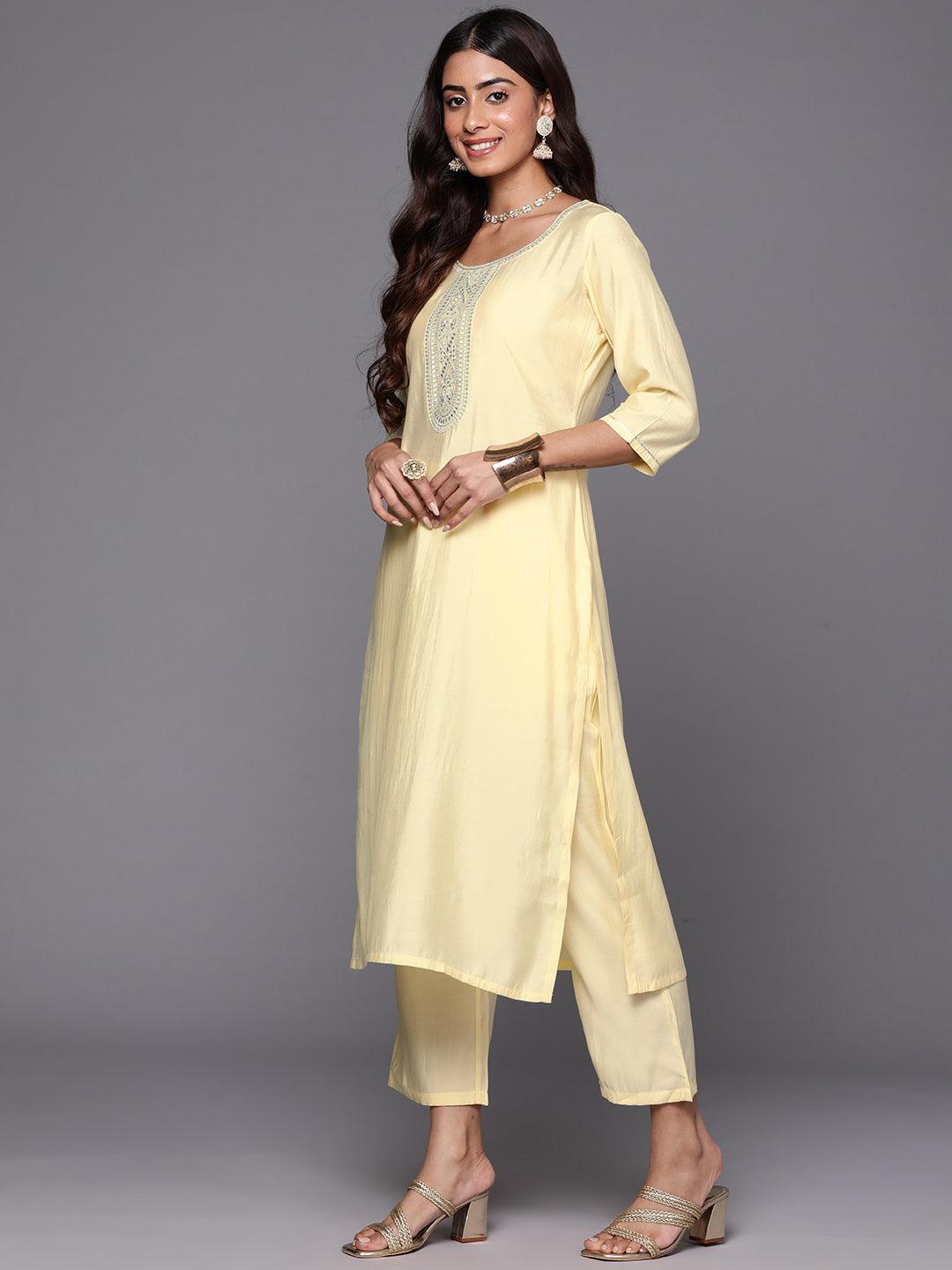 Yellow Yoke Design Silk Blend Straight Kurta With Trousers & Dupatta - ShopLibas