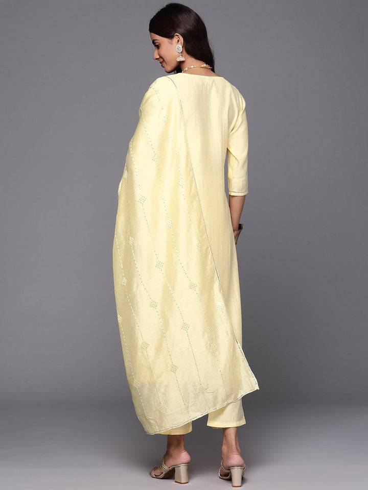 Yellow Yoke Design Silk Blend Straight Kurta With Trousers & Dupatta - ShopLibas