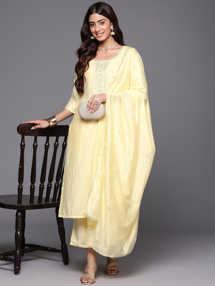 Yellow Yoke Design Silk Blend Straight Kurta With Trousers & Dupatta - ShopLibas